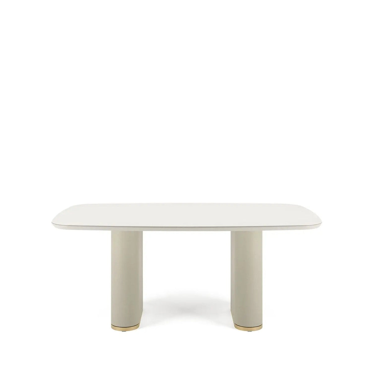 Mesa de Jantar Retangular c/ Vidro para 6 Lugares Lintz 184 cm - Off White Fosco c/ PU Bege - Dourado