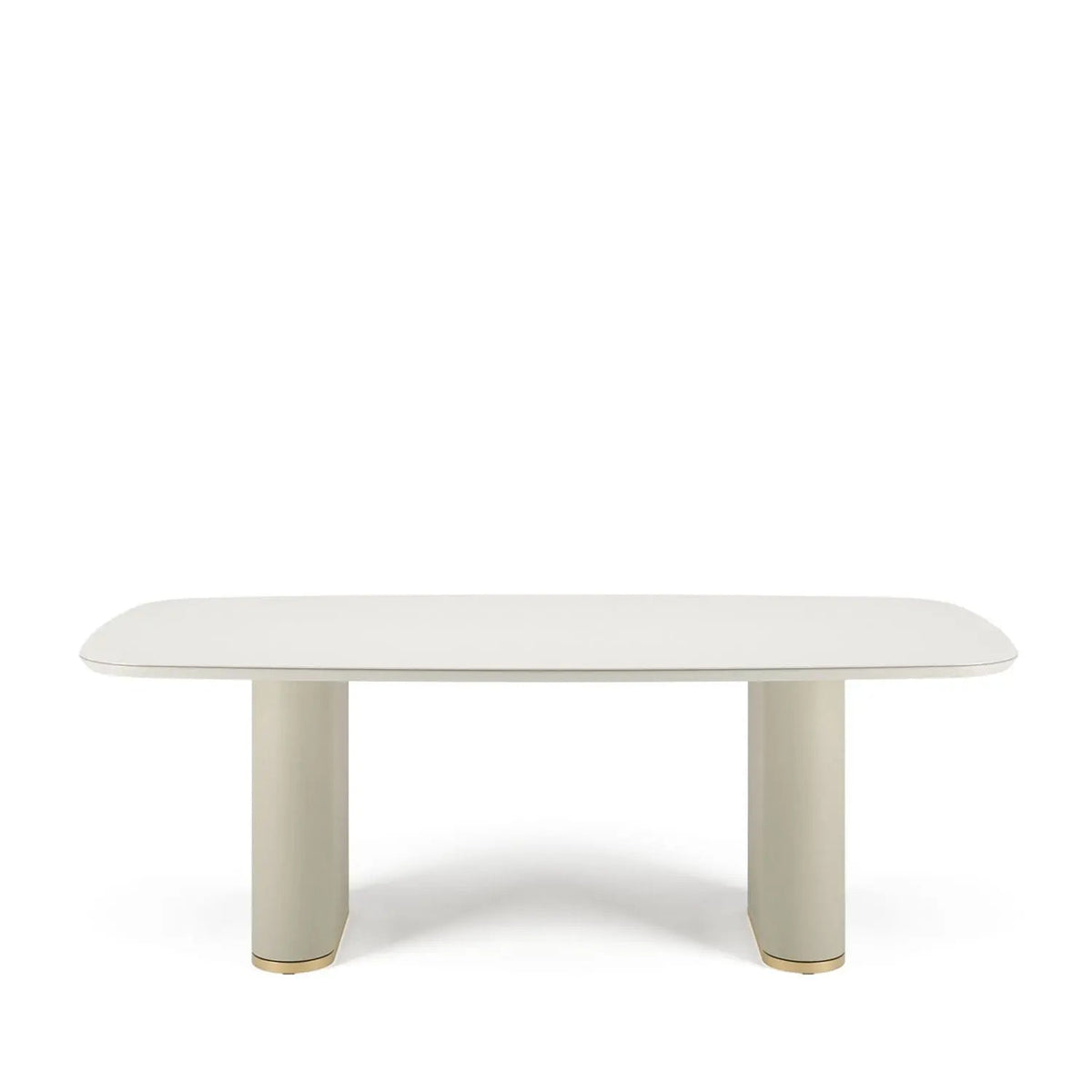 Mesa de Jantar Retangular c/ Vidro para 8 Lugares Lintz 219 cm - Off White Fosco c/ PU Bege - Dourado