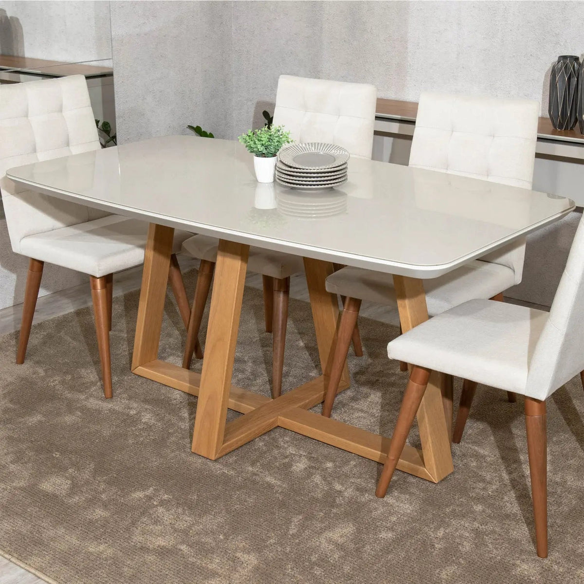 Mesa de Jantar Bennett c/ Vidro 160 cm - Cinamomo c/ Vidro Off White