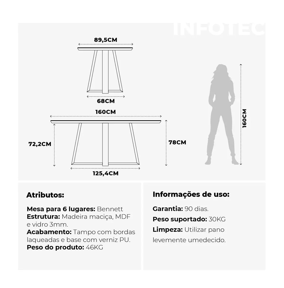 Mesa de Jantar Bennett c/ Vidro 160 cm - Cinamomo c/ Vidro Off White