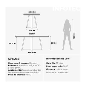 Mesa de Jantar Bennett c/ Vidro 160 cm - Cinamomo c/ Vidro Off White