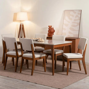 Mesa de Jantar Retangular c/ Vidro para 6 Lugares Ella 160 cm - Natural c/ Off White Fosco