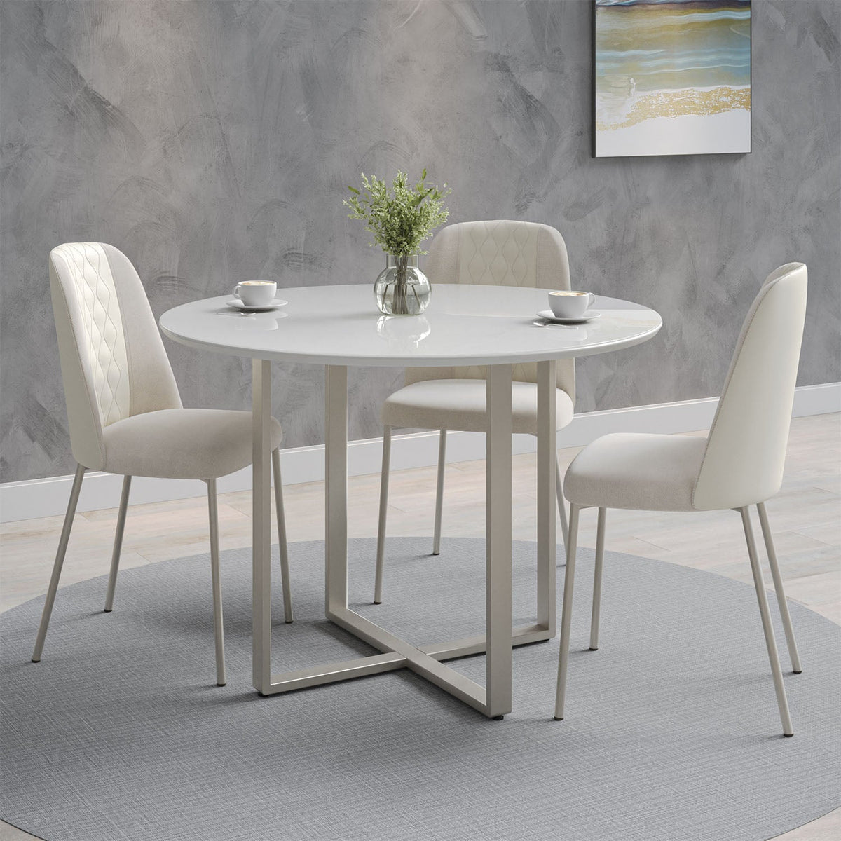 Mesa de Jantar Redonda com Vidro para 4 Lugares Arcádia 108 cm - Champanhe c/ Off White Fosco