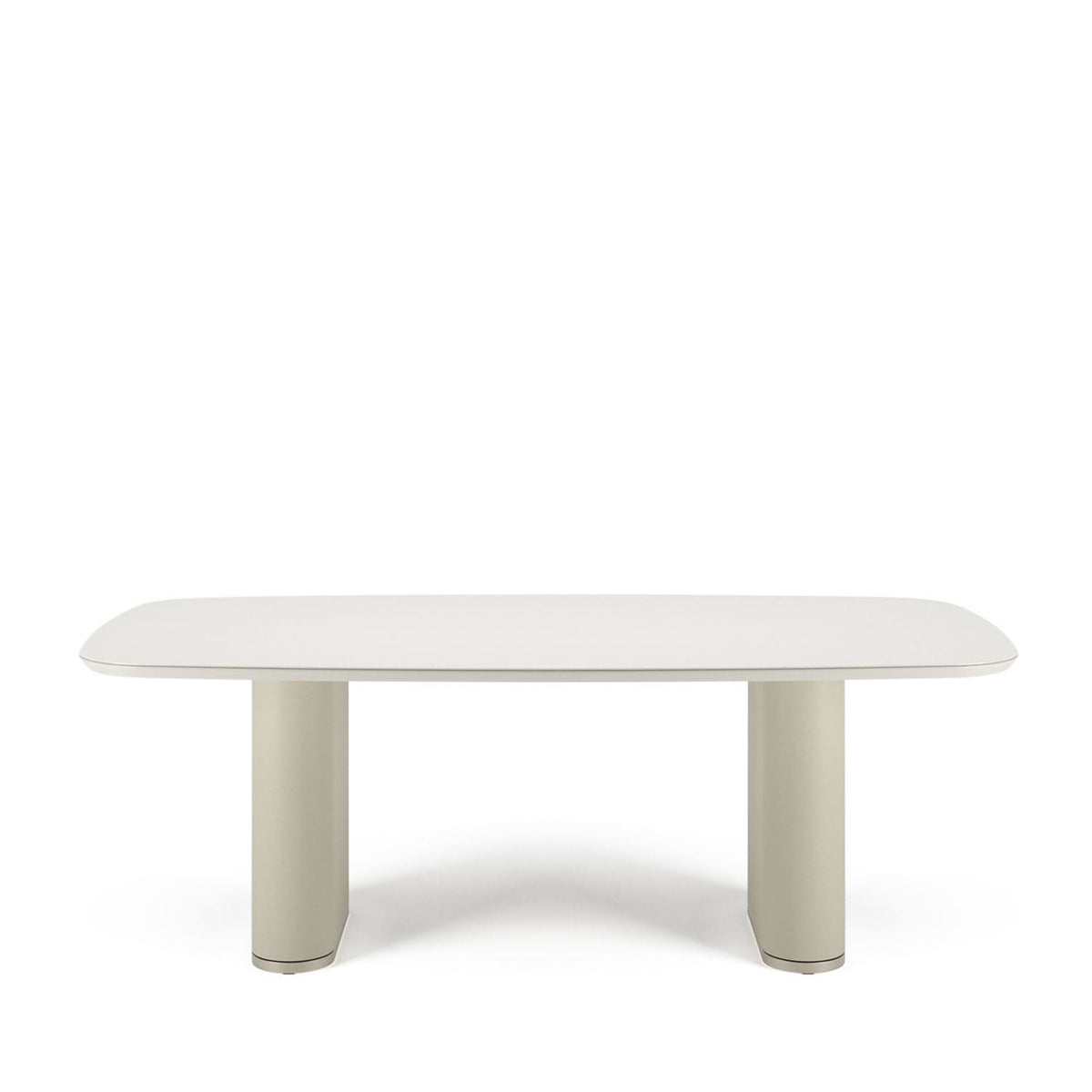 Mesa de Jantar Retangular c/ Vidro para 8 Lugares Lintz 219 cm - Off White Fosco c/ PU Bege - Champanhe