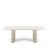 Mesa de Jantar Retangular c/ Vidro para 8 Lugares Lintz 219 cm - Off White Fosco c/ PU Bege - Champanhe