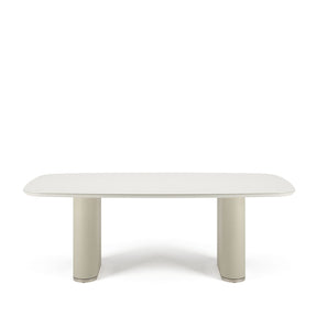 Mesa de Jantar Retangular c/ Vidro para 8 Lugares Lintz 219 cm - Off White Fosco c/ PU Bege - Champanhe