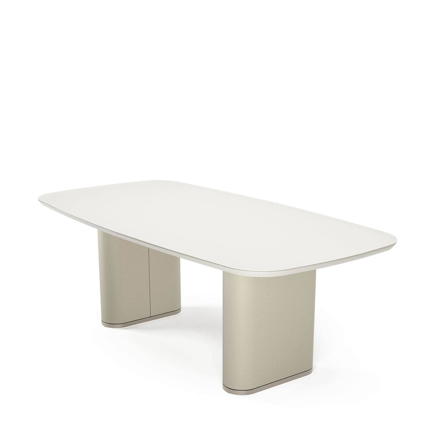 Mesa de Jantar Retangular c/ Vidro para 8 Lugares Lintz 219 cm - Off White Fosco c/ PU Bege - Champanhe