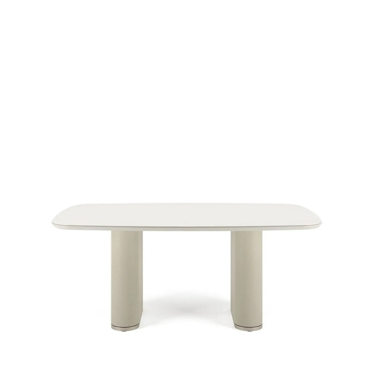 Mesa de Jantar Retangular c/ Vidro para 6 Lugares Lintz 184 cm - Off White Fosco c/ PU Bege - Champanhe