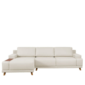 Sofá 5 Lugares com Chaise Lado Esquerdo Ripado Monte Carlo 295 cm - Linho Texturizado Off White c/ Natural