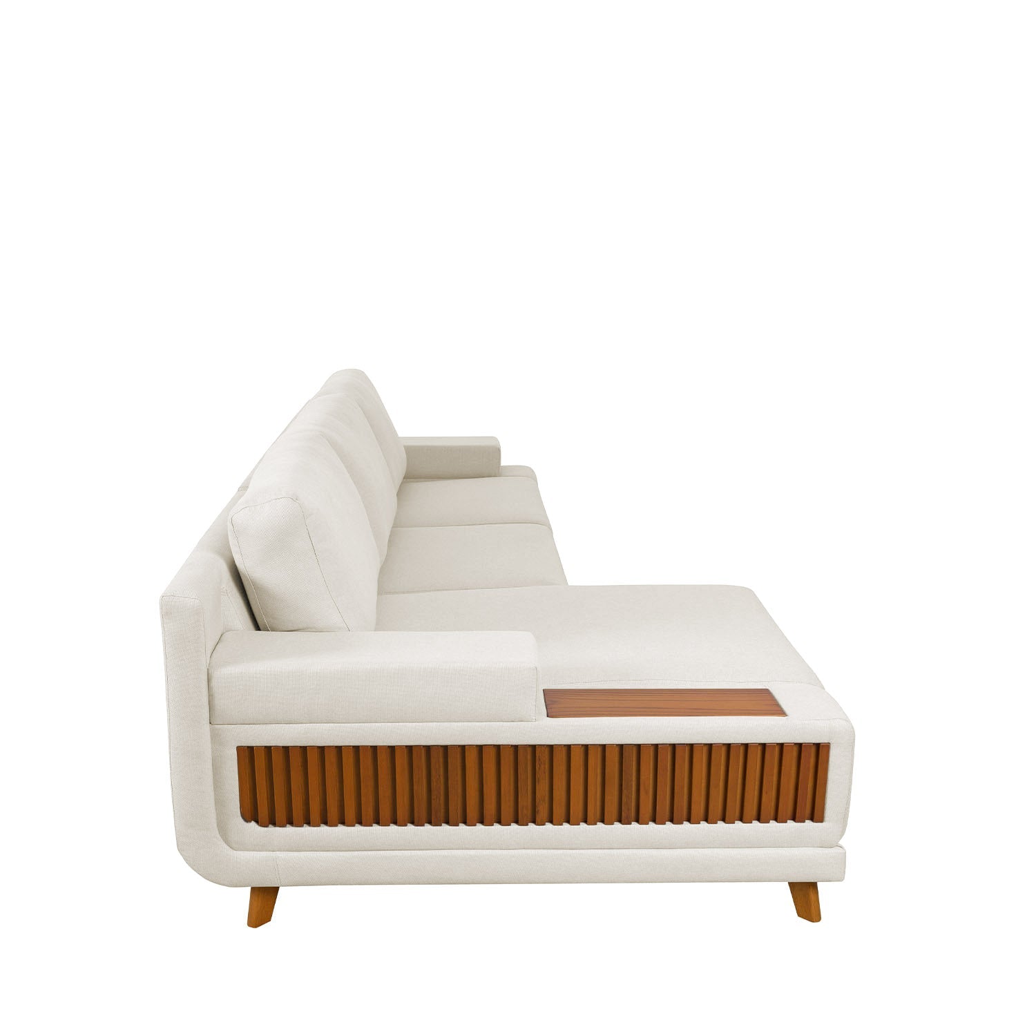 Sofá 5 Lugares com Chaise Lado Esquerdo Ripado Monte Carlo 295 cm - Linho Texturizado Off White c/ Natural