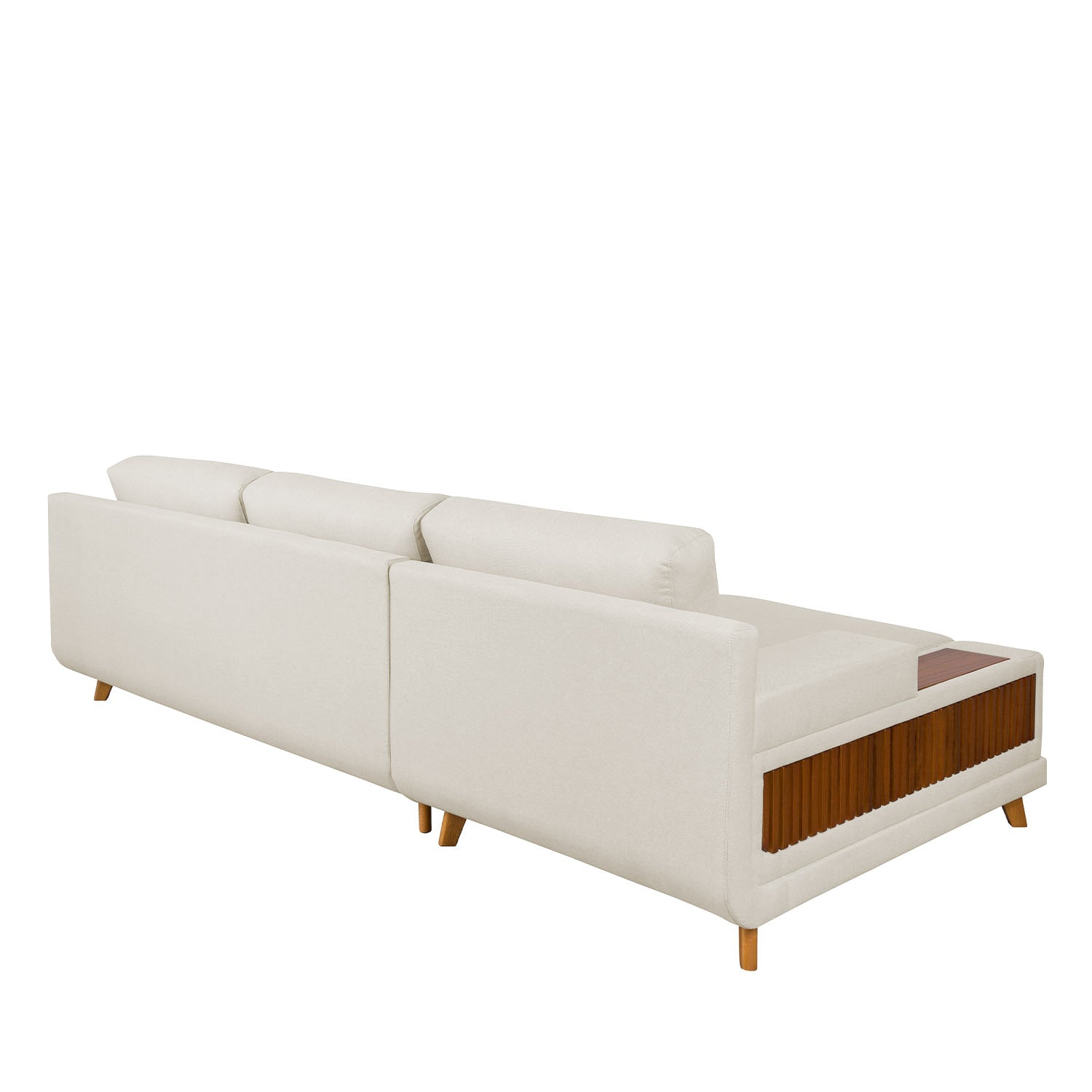 Sofá 5 Lugares com Chaise Lado Esquerdo Ripado Monte Carlo 295 cm - Linho Texturizado Off White c/ Natural