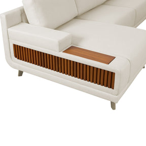 Sofá 5 Lugares com Chaise Lado Esquerdo Ripado Monte Carlo 295 cm - Linho Texturizado Off White c/ Natural